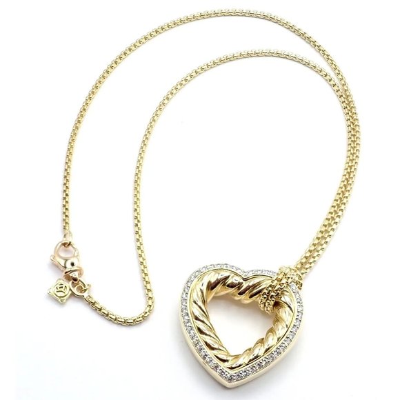 David Yurman Cable 18k Yellow Gold Diamond Large Heart Pendant Chain Necklace - Picture 1 of 8